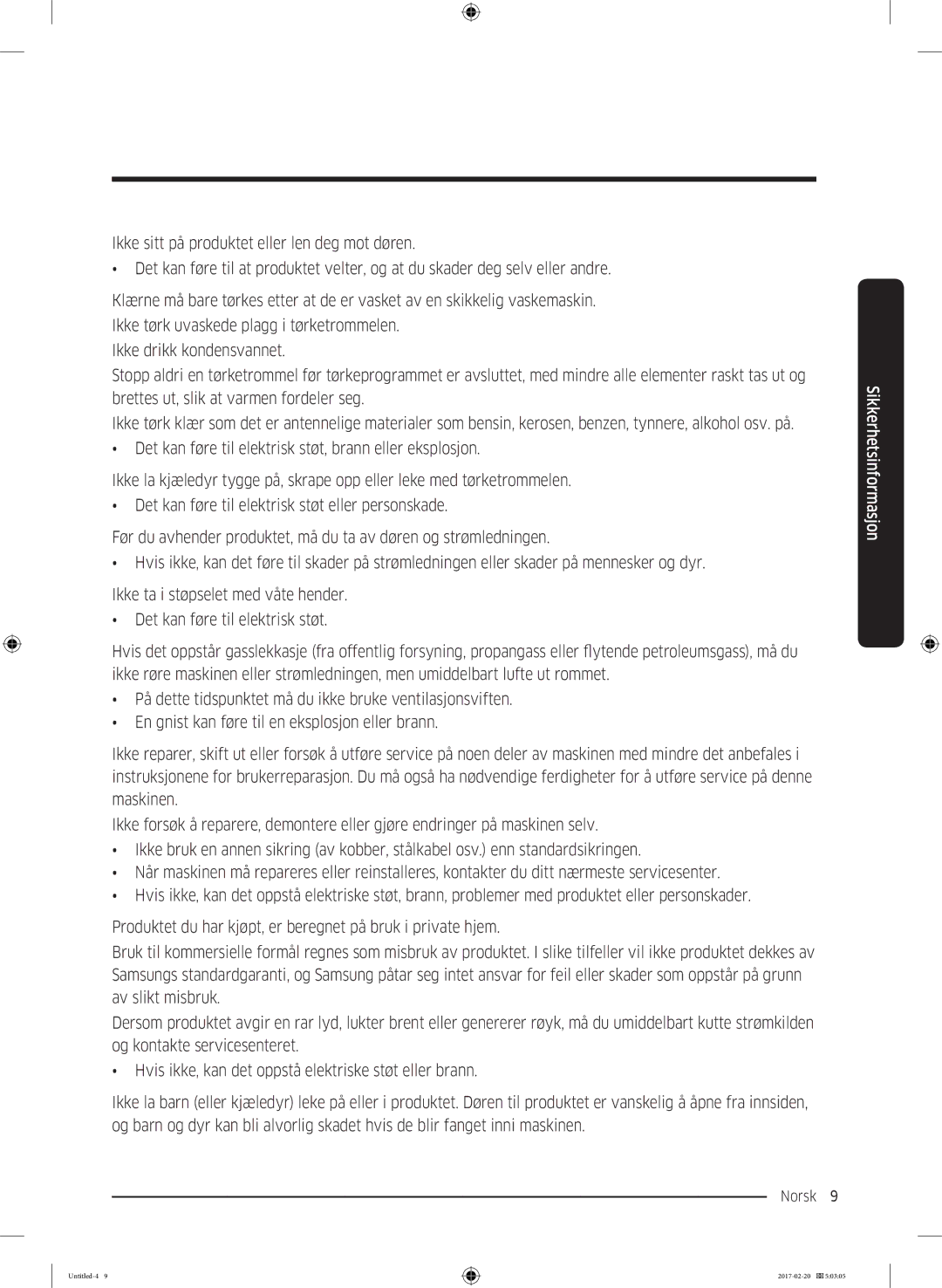 Samsung DV90M6200EW/EE manual Norsk 9  